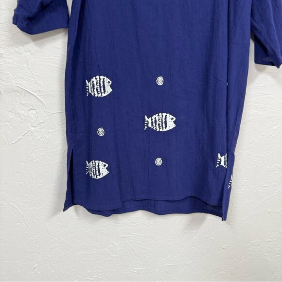 The Vermont Country Store Navy Blue Crepe Cotton White Fish Print Dress Womens M - Picture 10 of 12